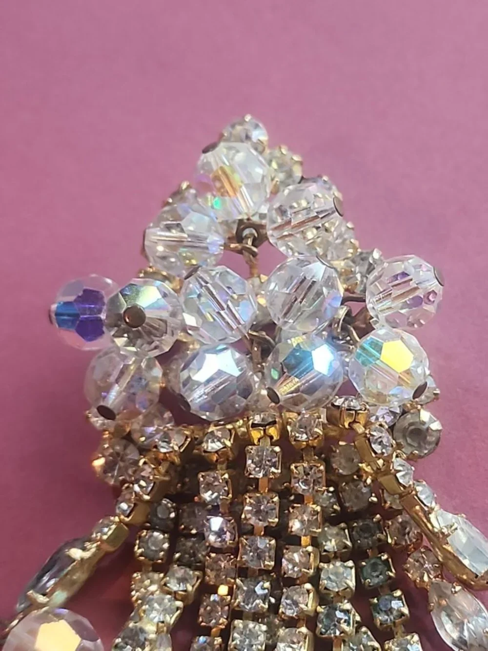 Vintage 1950s Aurora Borealis Crystal Waterfall Brooch - 12-Strand Tassel Pin